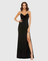 Black Cowl Neck Halter Strap Low Back Gown